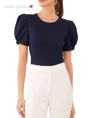 1. STATE FITTED RIBBED 'PUFF SLEEVE SHORT SLEEVE KNIT T-SHIRT' IN NAVY